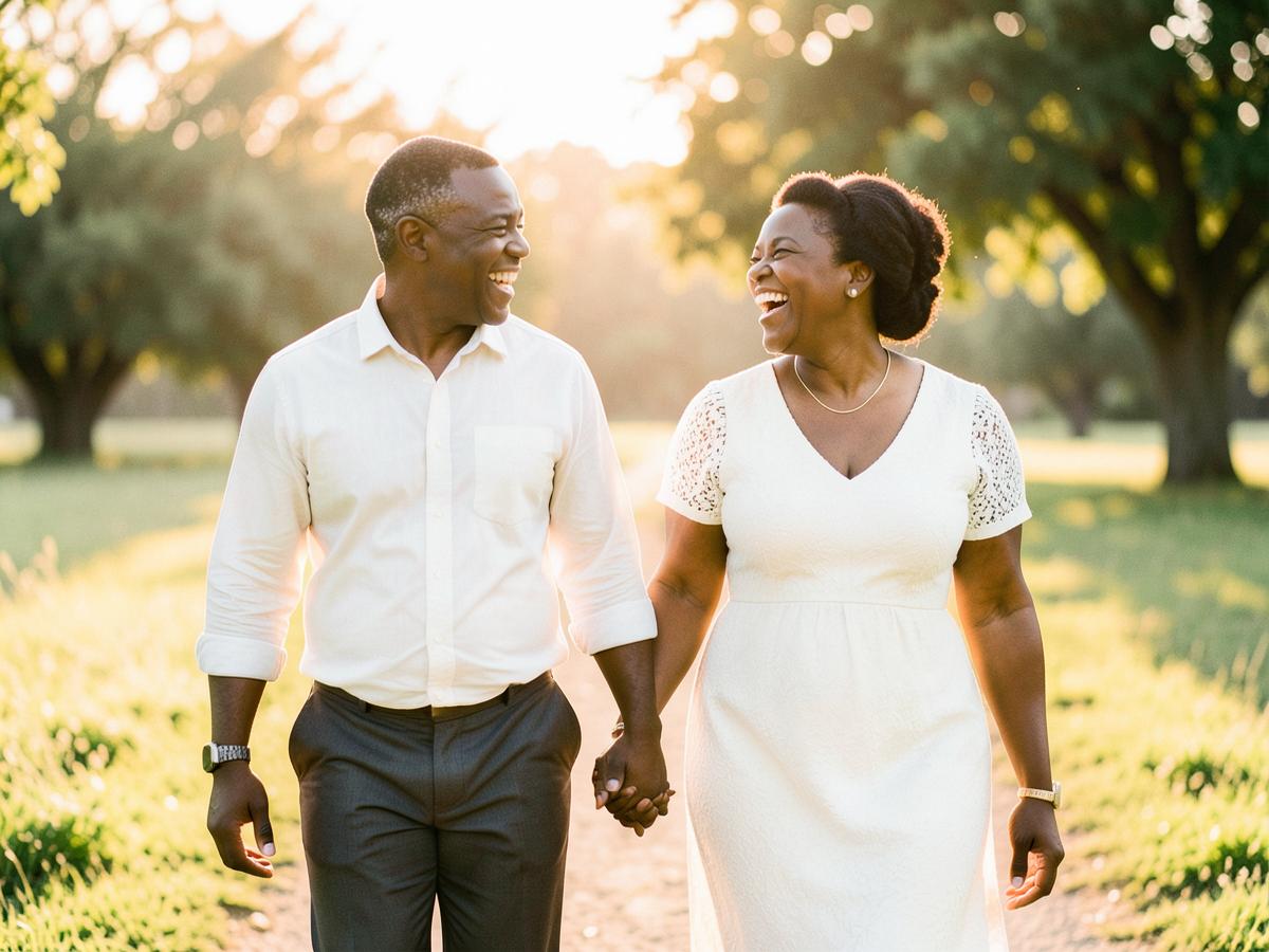 A Black married couple in their forties walking hand in hand at golden hour