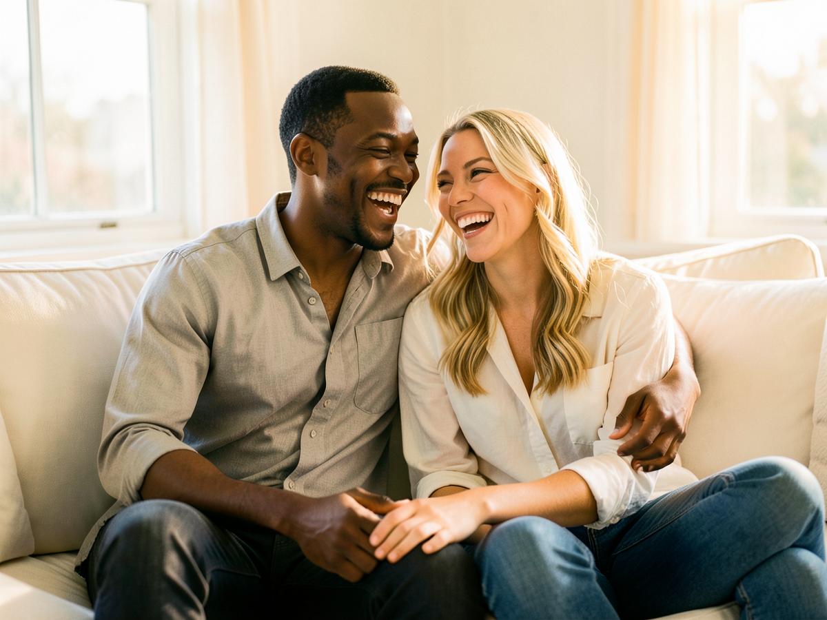 An interracial married couple laughing together on a bright sofa at home