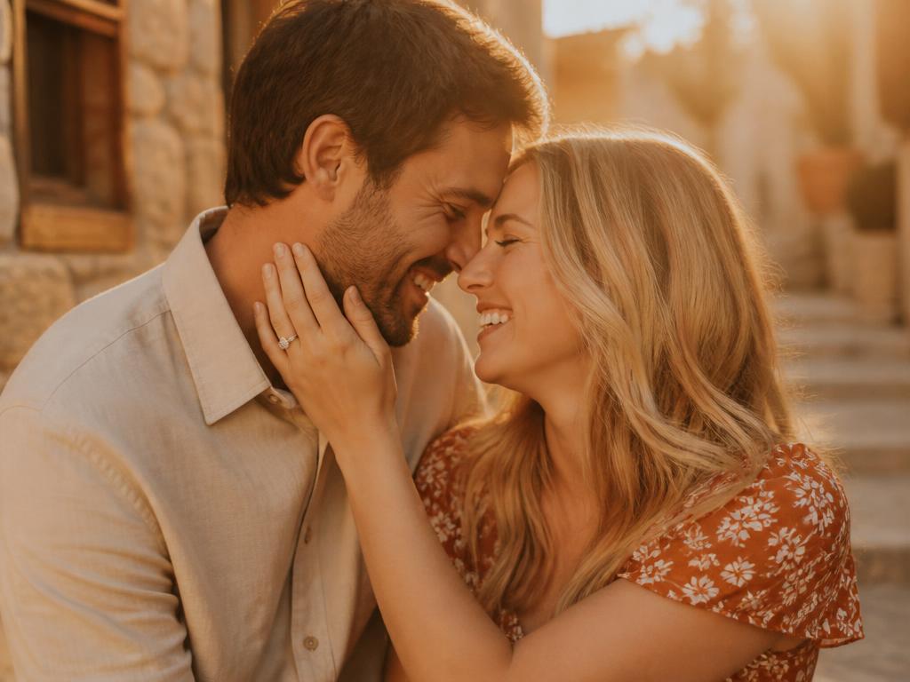 An engaged white couple laughing with foreheads touching in golden evening light