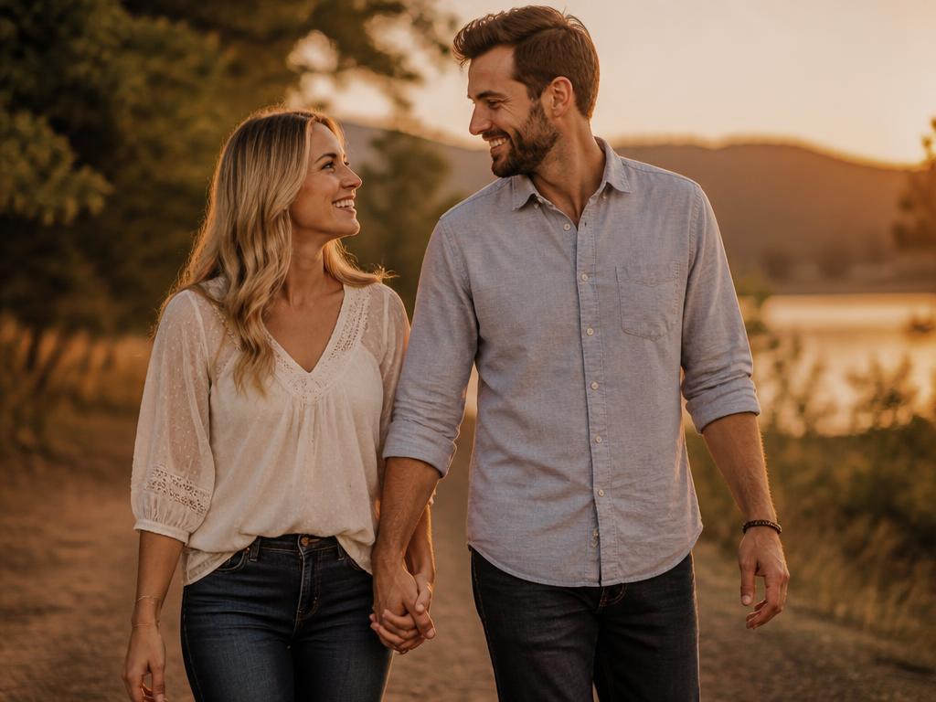 A couple walking hand in hand at sunset, smiling at each other