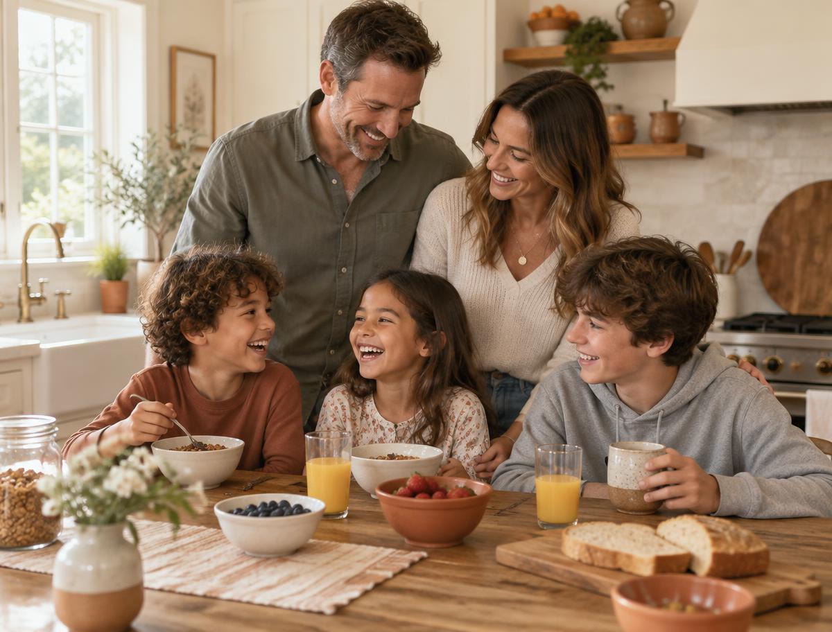 A blended family of two parents and three children laughing around a kitchen table