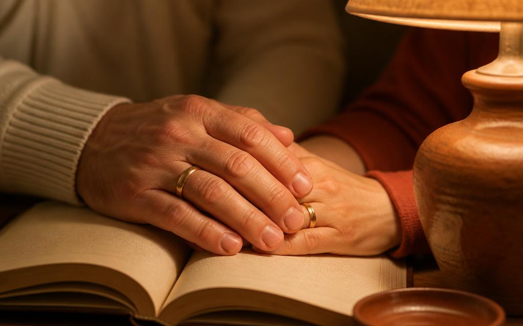 Two hands wearing wedding rings resting together on an open book in warm lamp light