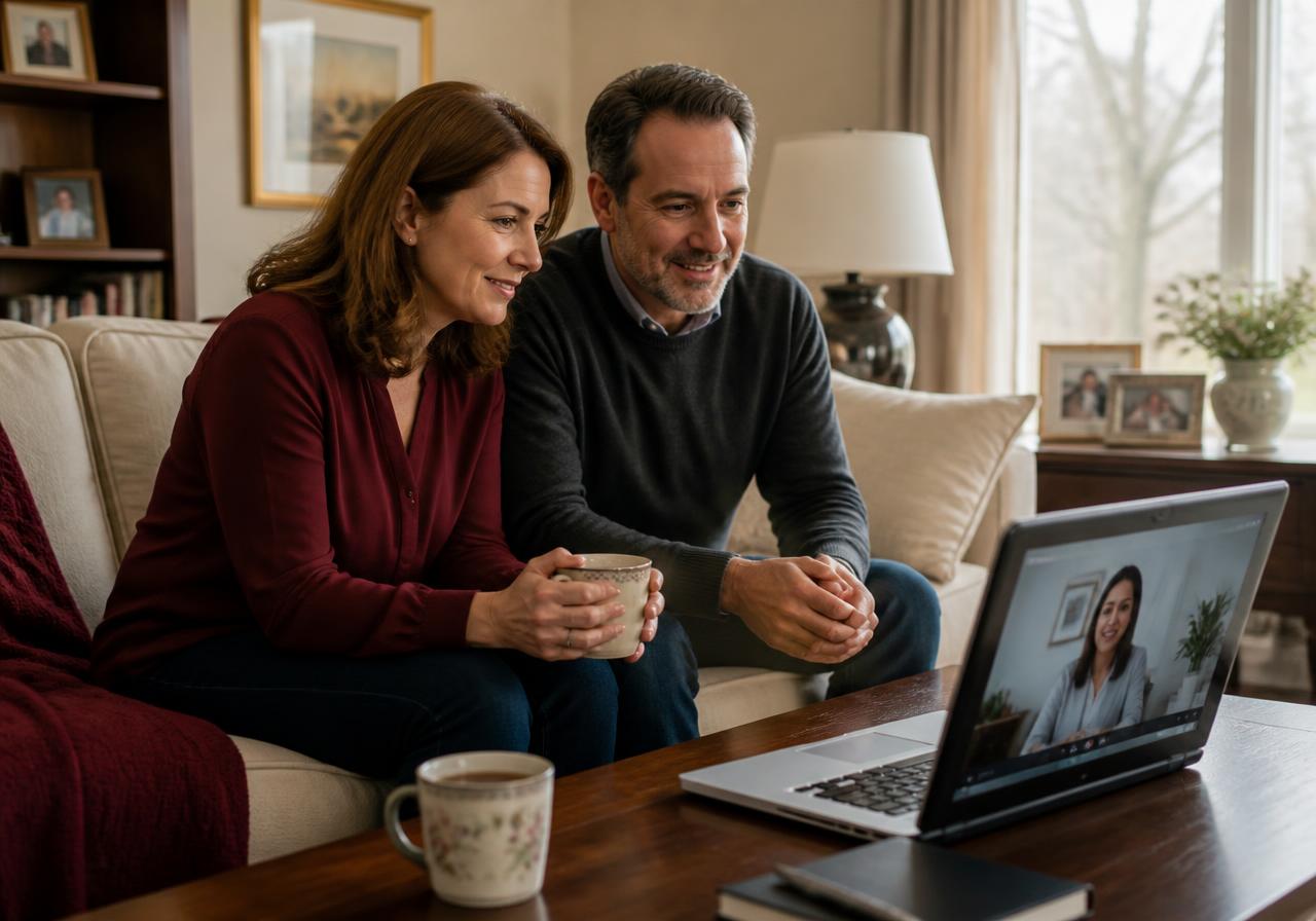 Married couple sitting together on their sofa at home during an online counseling session on a laptop