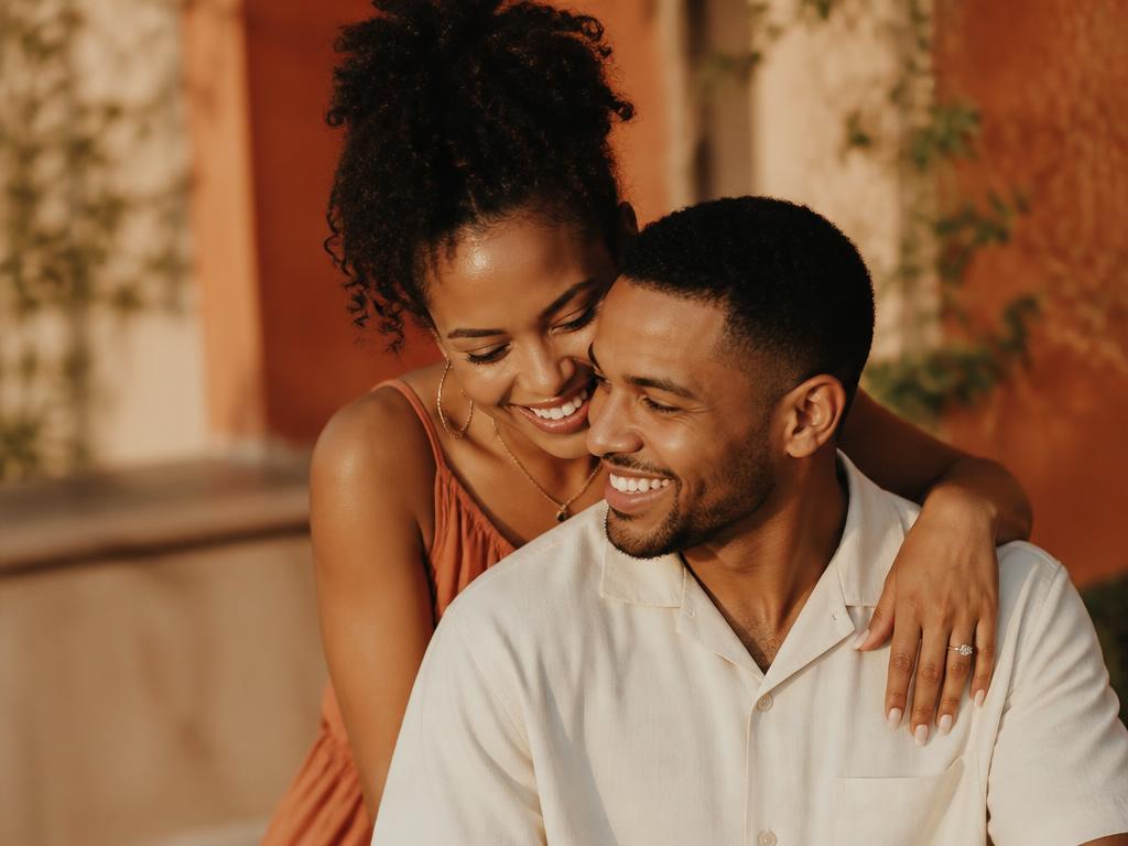An engaged Black couple laughing together in warm golden light