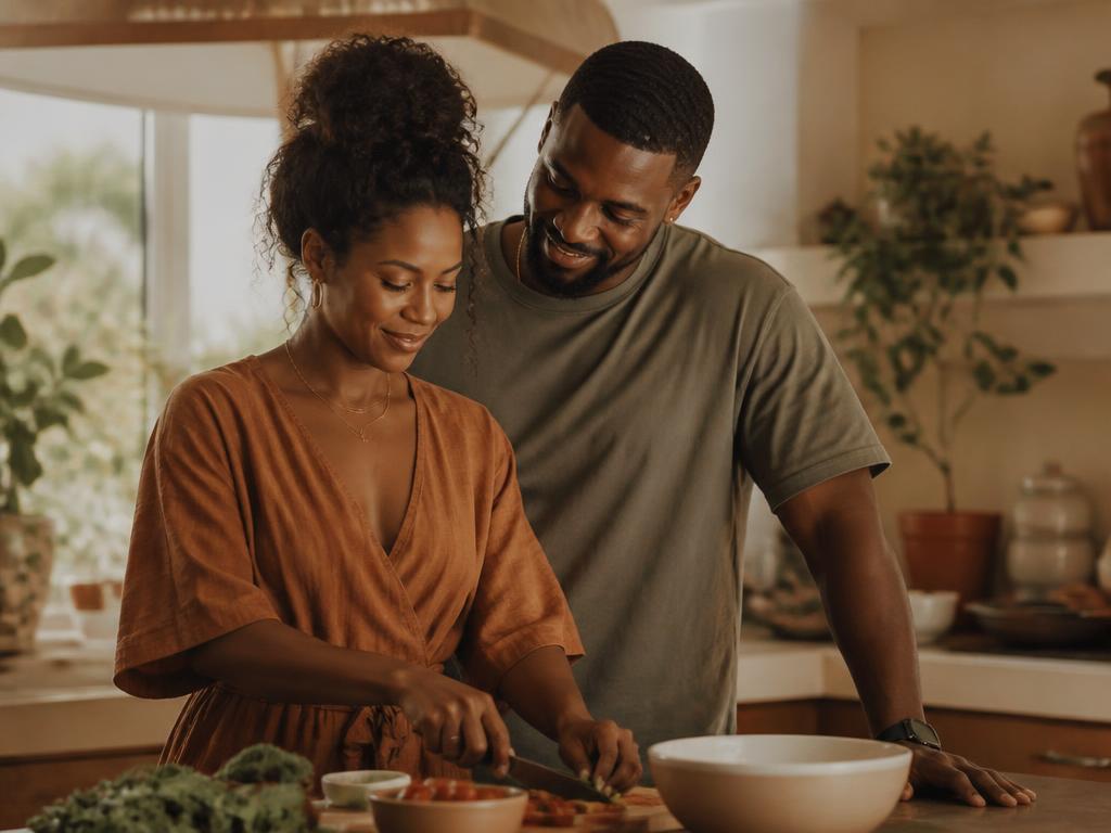 A married couple cooking together in a sunlit kitchen