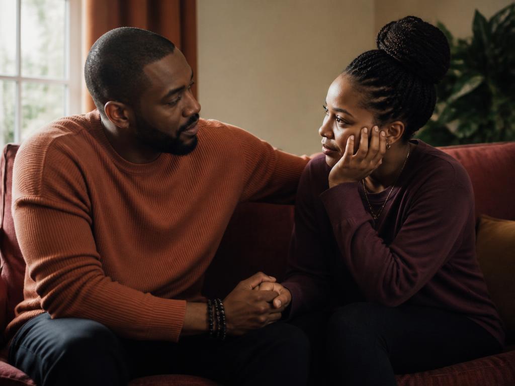 A couple sitting close on a couch holding hands during a hard conversation